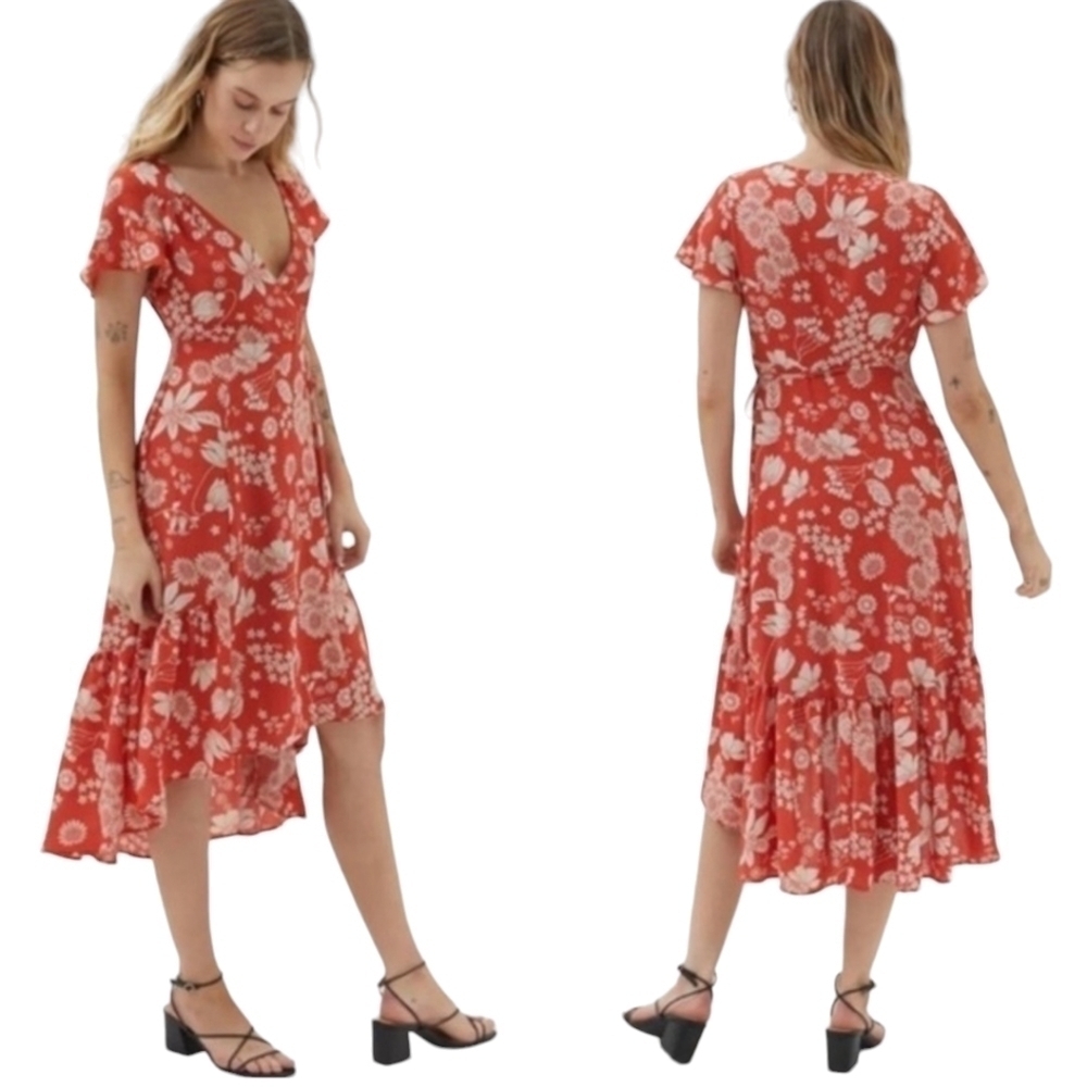 Urban Outfitters Dress Small Orange Daphne Wrap Midi Floral V-Neck Boho Summer